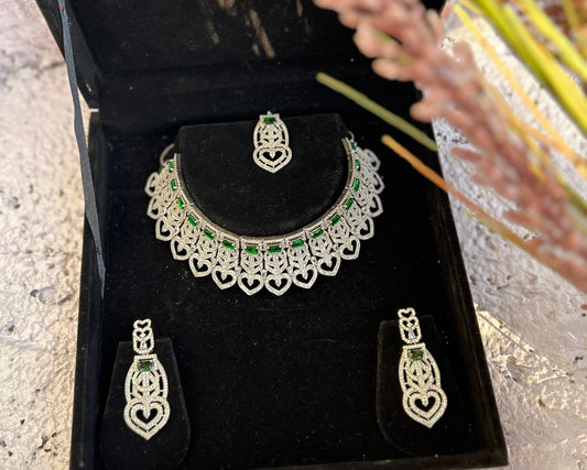 Green Stone Choker American Diamond Necklace Set