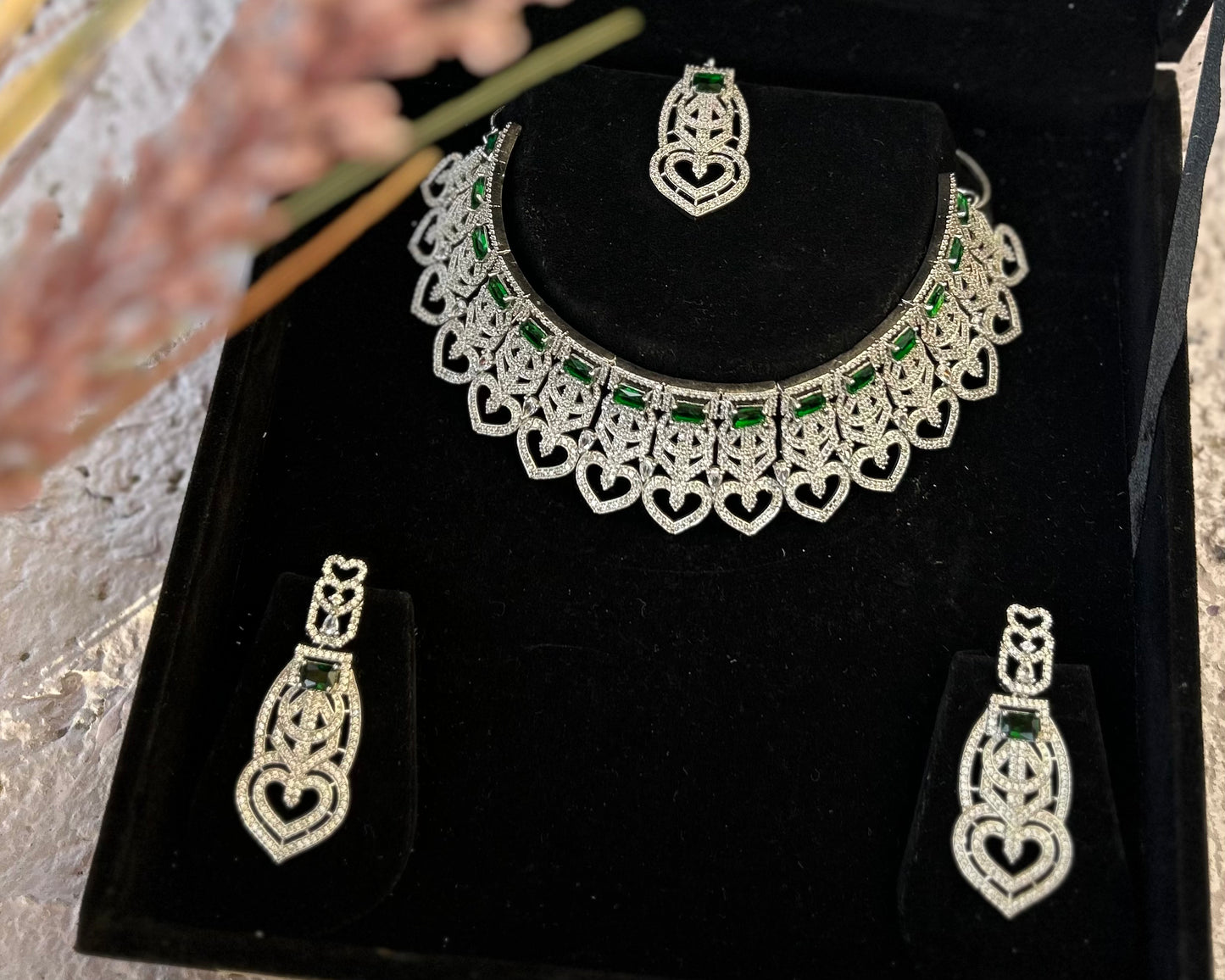 Green Stone Choker American Diamond Necklace Set