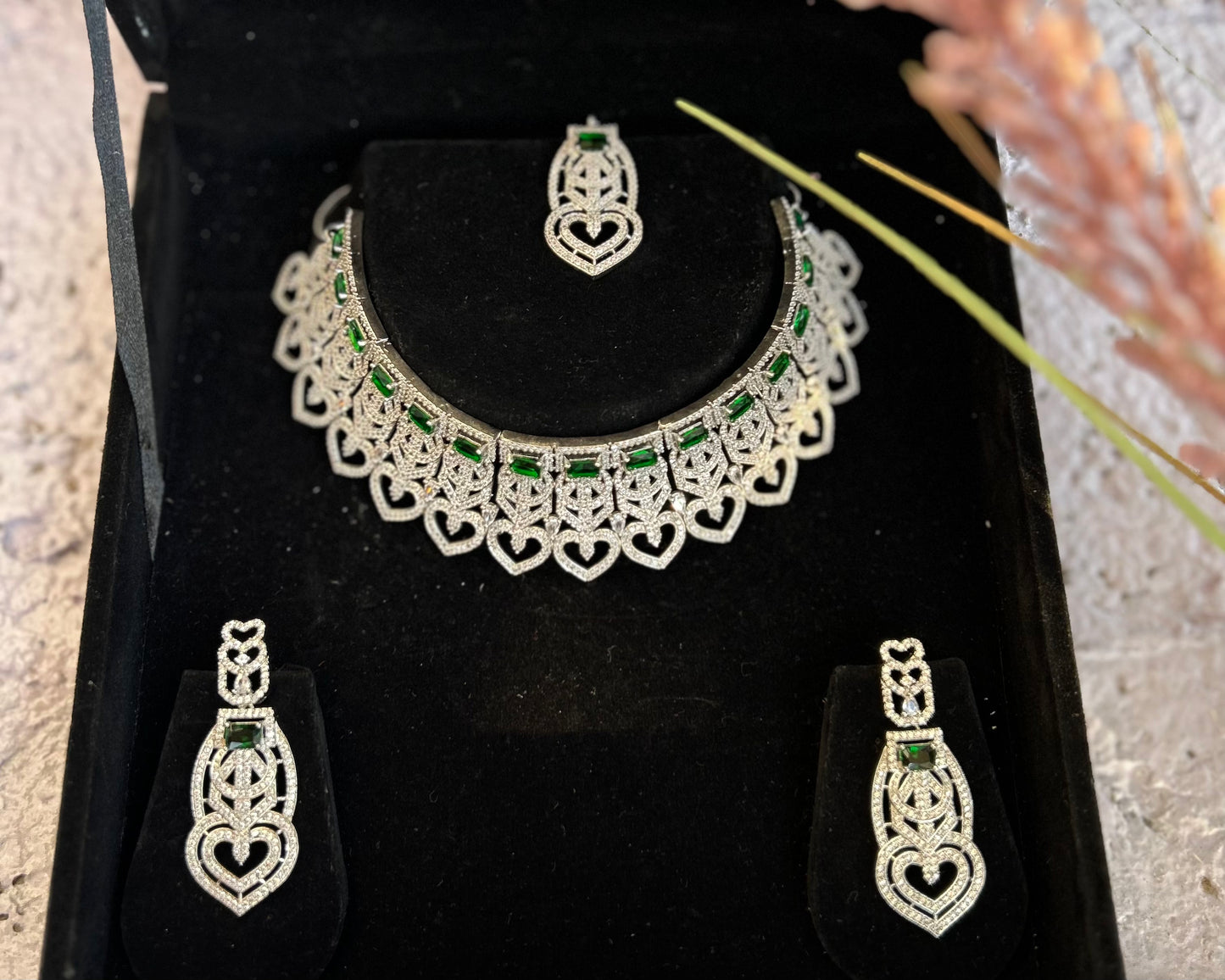 Green Stone Choker American Diamond Necklace Set