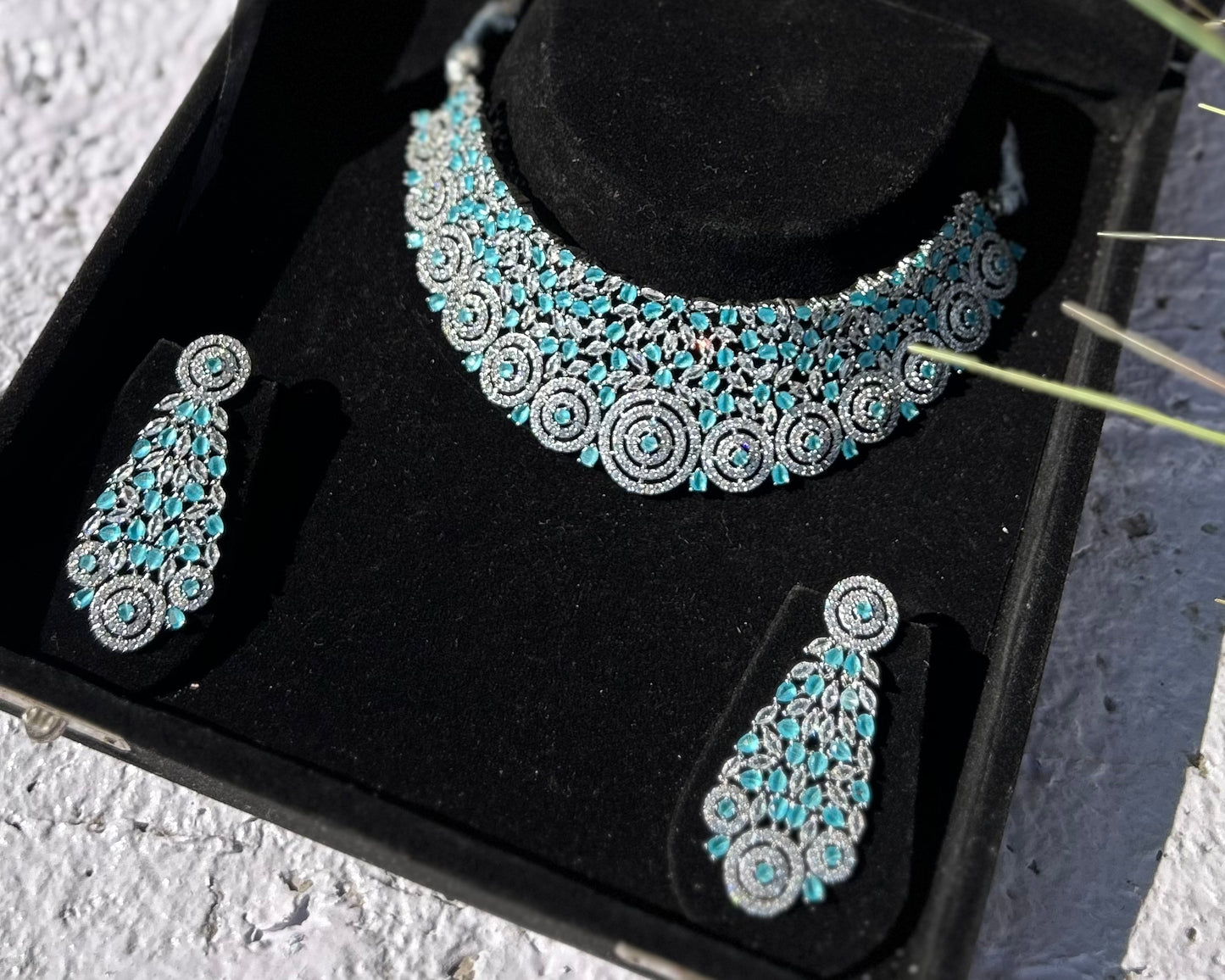 Ocean Blue Choker American Diamond Necklace Set