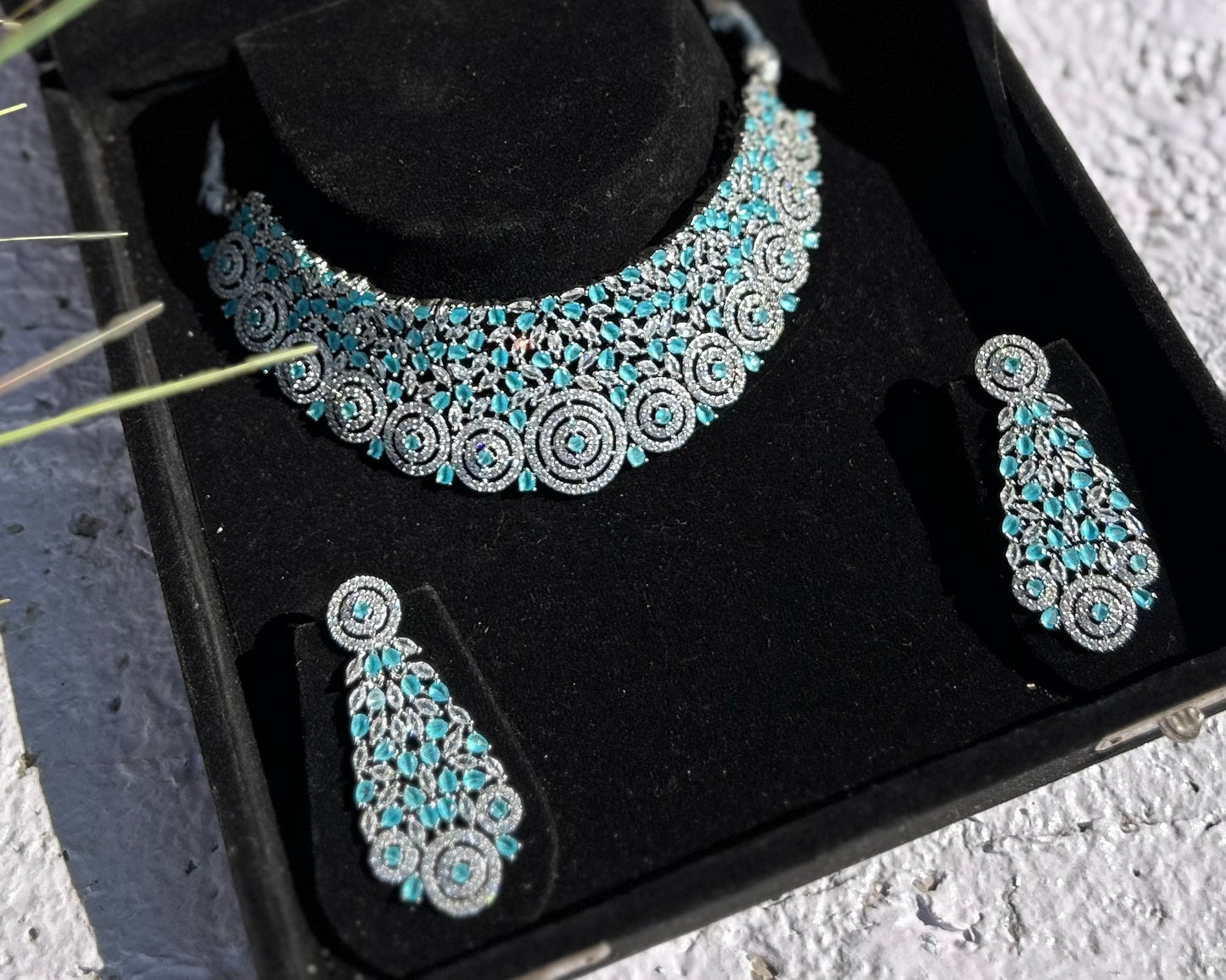 Ocean Blue Choker American Diamond Necklace Set