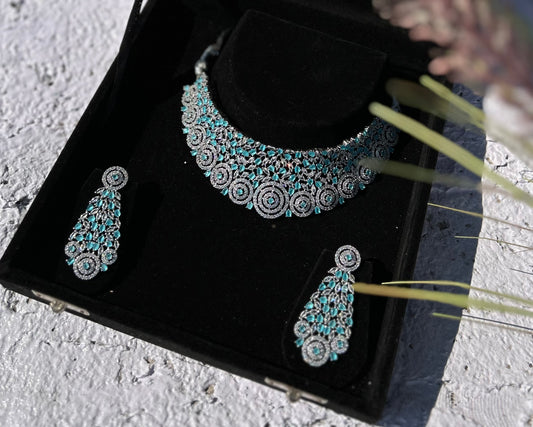 Ocean Blue Choker American Diamond Necklace Set