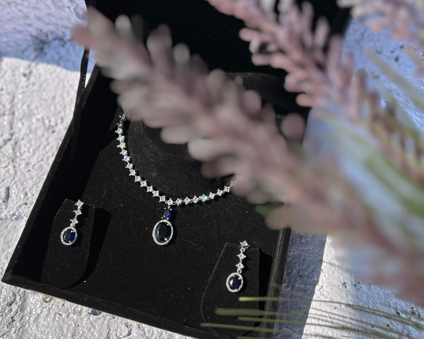 Blue Stone American Diamond Necklace Set